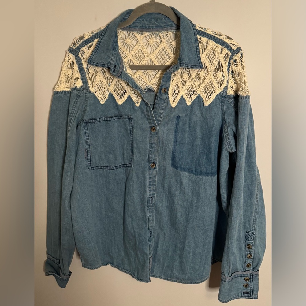 We the Free Denim button down long sleeve shirt with crochet detail Large